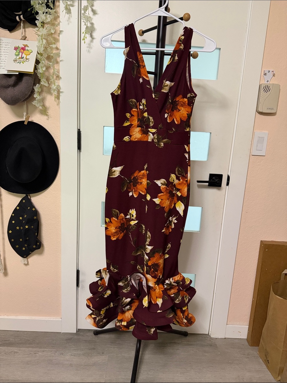 a'gaci Burgundy Maxi Dress with Orange Floral Ruffle Hem